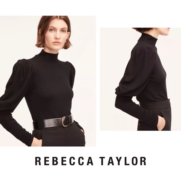 REBECCA TAYLOR Black Drape Puff-Sleeve Mock Neck Gothic Top M Dark Romance - Picture 1 of 9
